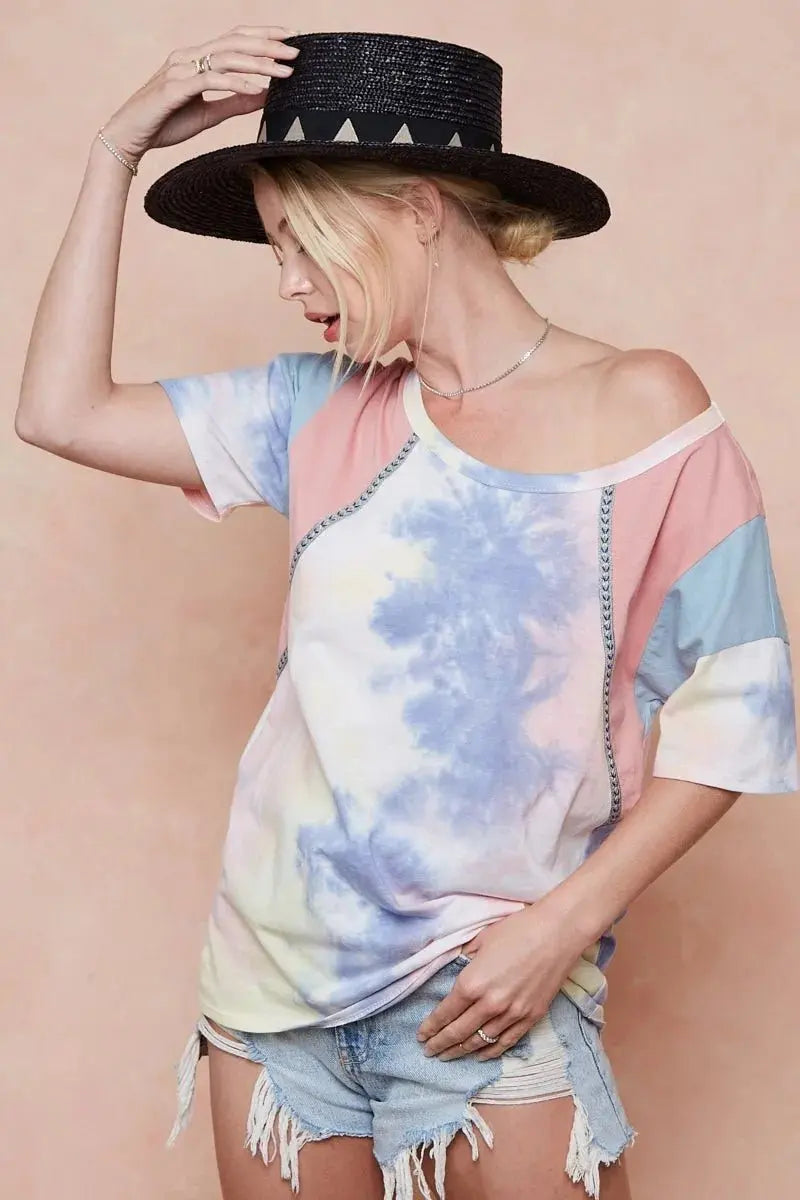 BiBi Tie Dye Printed Cotton Color Block T-Shirt for Women - Love Salve